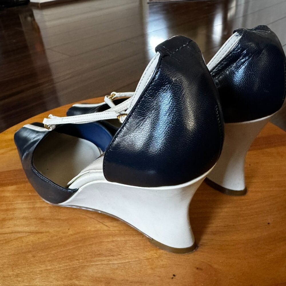 Strappy Blue & Cream Leather Wedge Heels -- Women’s 6.5 -- Nautical Preppy - Picture 4 of 10